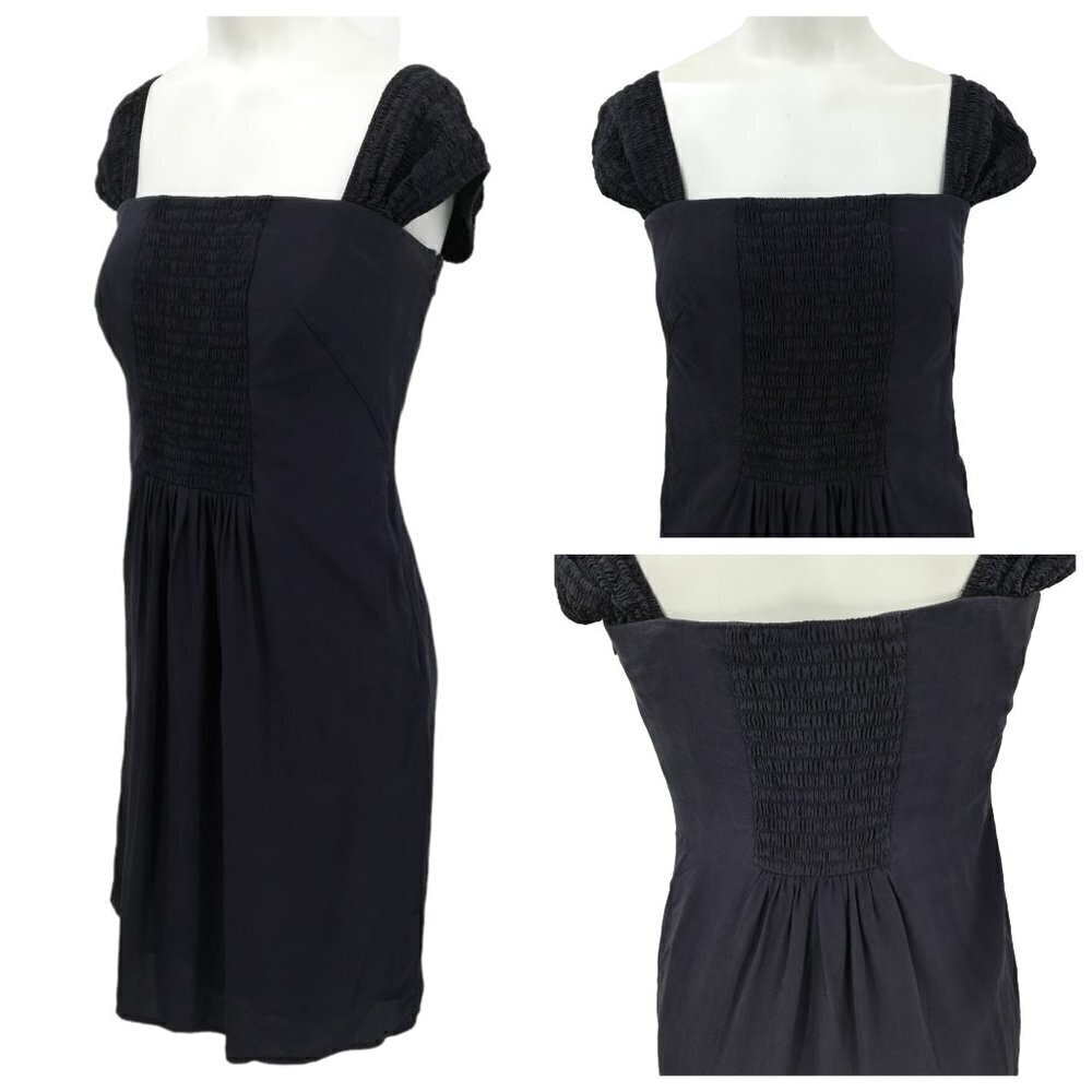 Akris Punto Silk Smocked Cap Sleeve Cocktail Dress Size 8 Blue Sheath Classic